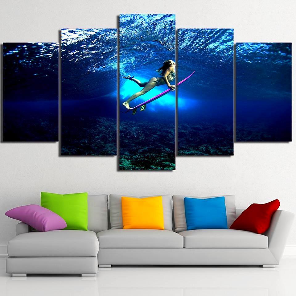 Underwater Girl Surfing - Ocean 5 Panel Canvas Art Wall Decor Underwater Girl Surfing - Ocean 5 Panel Canvas Art Wall Decor