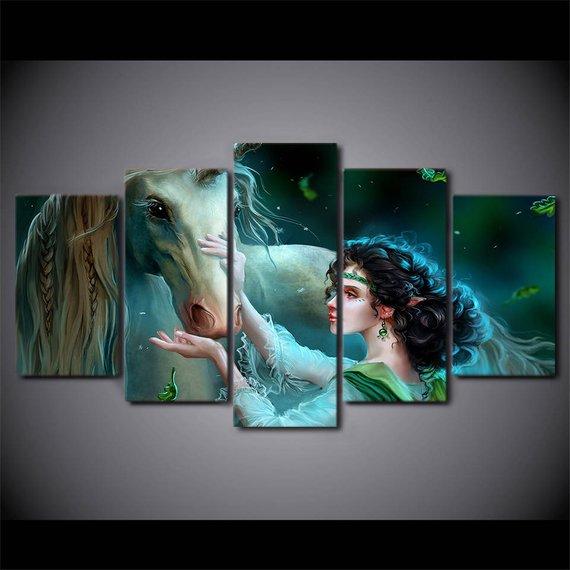 Unicorn And Girl - Abstract Animal 5 Panel Canvas Art Wall Decor Unicorn And Girl - Abstract Animal 5 Panel Canvas Art Wall Decor