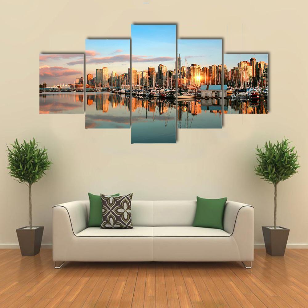 Vancouver Skyline Panorama At Sunset - Nature 5 Panel Canvas Art Wall Decor Vancouver Skyline Panorama At Sunset - Nature 5 Panel Canvas Art Wall Decor