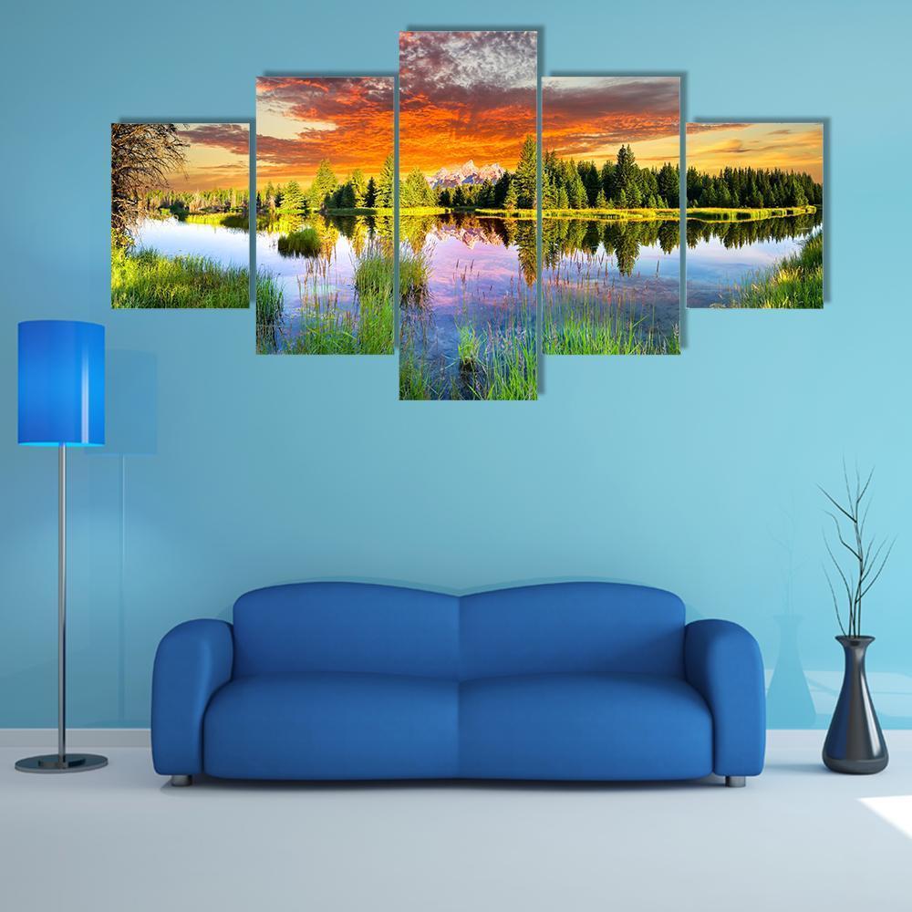 View Of The Snake River And Tetons In Wyoming - Nature 5 Panel Canvas Art Wall Decor View Of The Snake River And Tetons In Wyoming - Nature 5 Panel Canvas Art Wall Decor