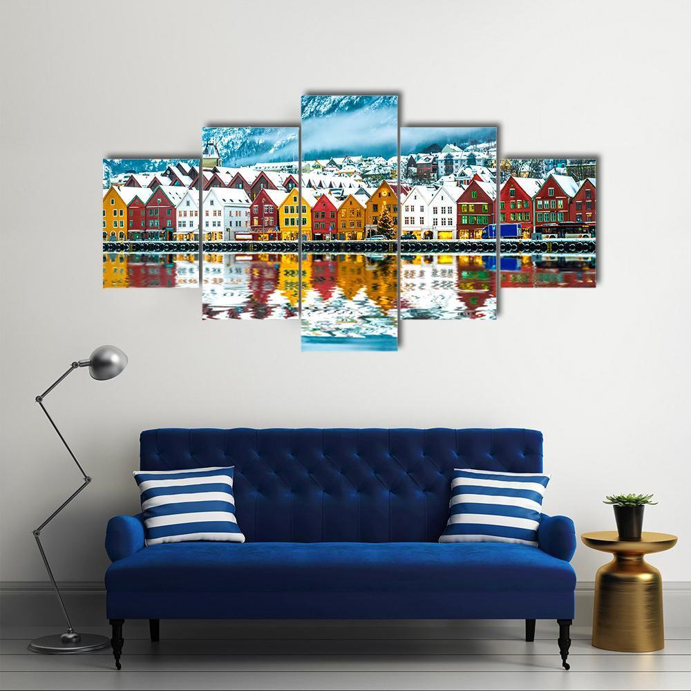 View On Bruges Bergen In Norway - Nature 5 Panel Canvas Art Wall Decor View On Bruges Bergen In Norway - Nature 5 Panel Canvas Art Wall Decor
