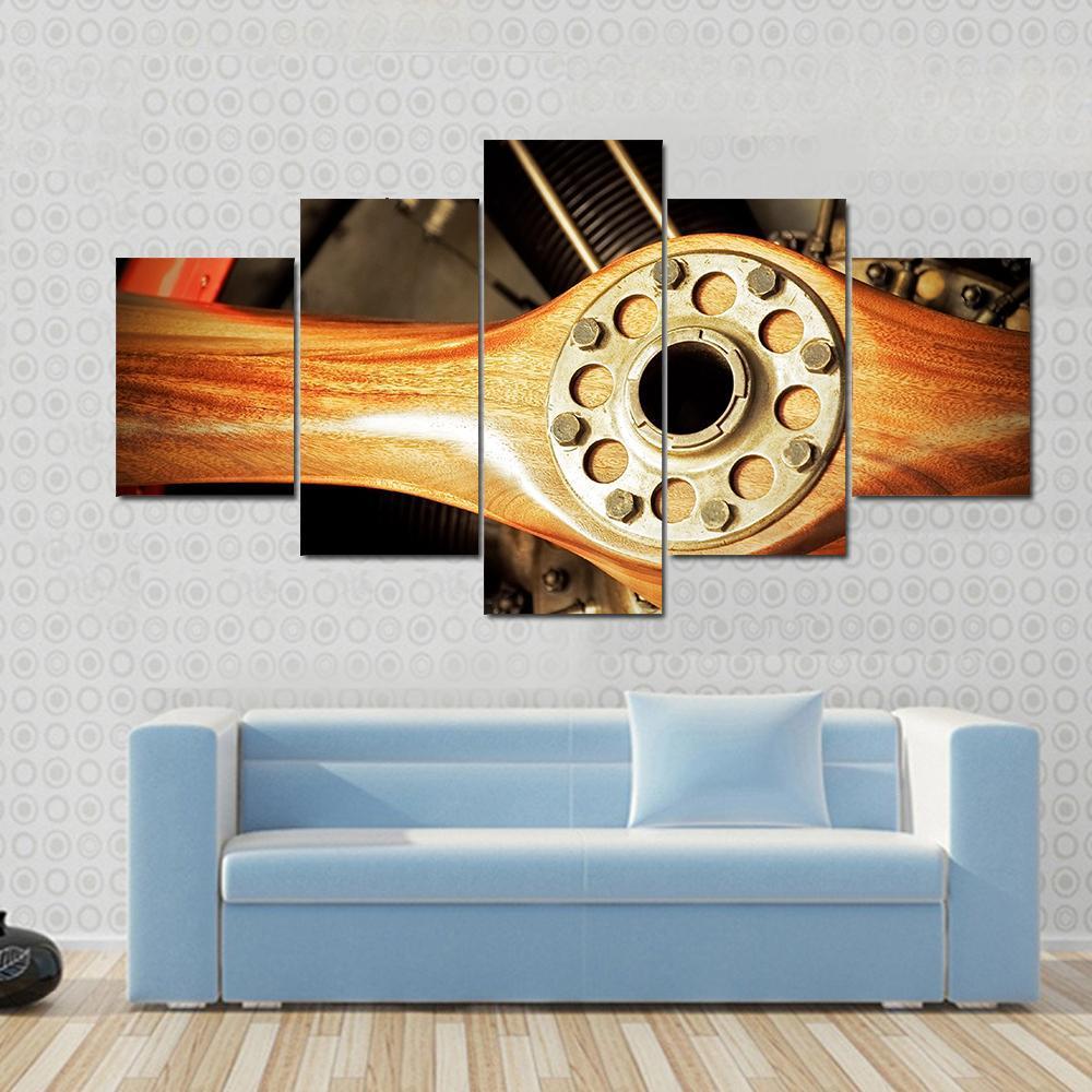 Vintage Wooden Aircraft Propeller And Engine Cylinders - Automative 5 Panel Canvas Art Wall Decor Vintage Wooden Aircraft Propeller And Engine Cylinders - Automative 5 Panel Canvas Art Wall Decor