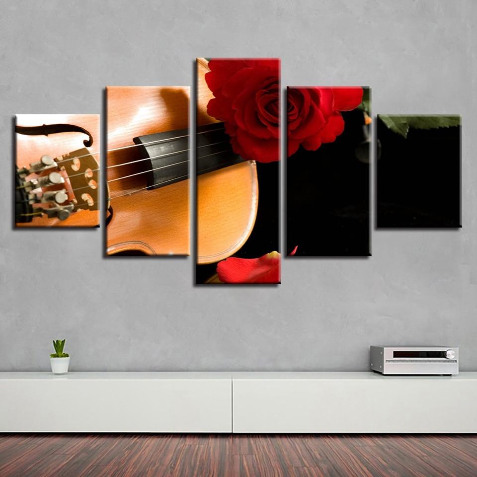 Violin And Red Roses Flowers - Music 5 Panel Canvas Art Wall Decor Violin And Red Roses Flowers - Music 5 Panel Canvas Art Wall Decor