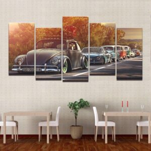 Volkswagen Beetle Car On Retro Sunset - Automative 5 Panel Canvas Art Wall Decor