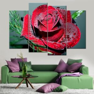 Water Droplets Red Rose Flowers - Nature 5 Panel Canvas Art Wall Decor