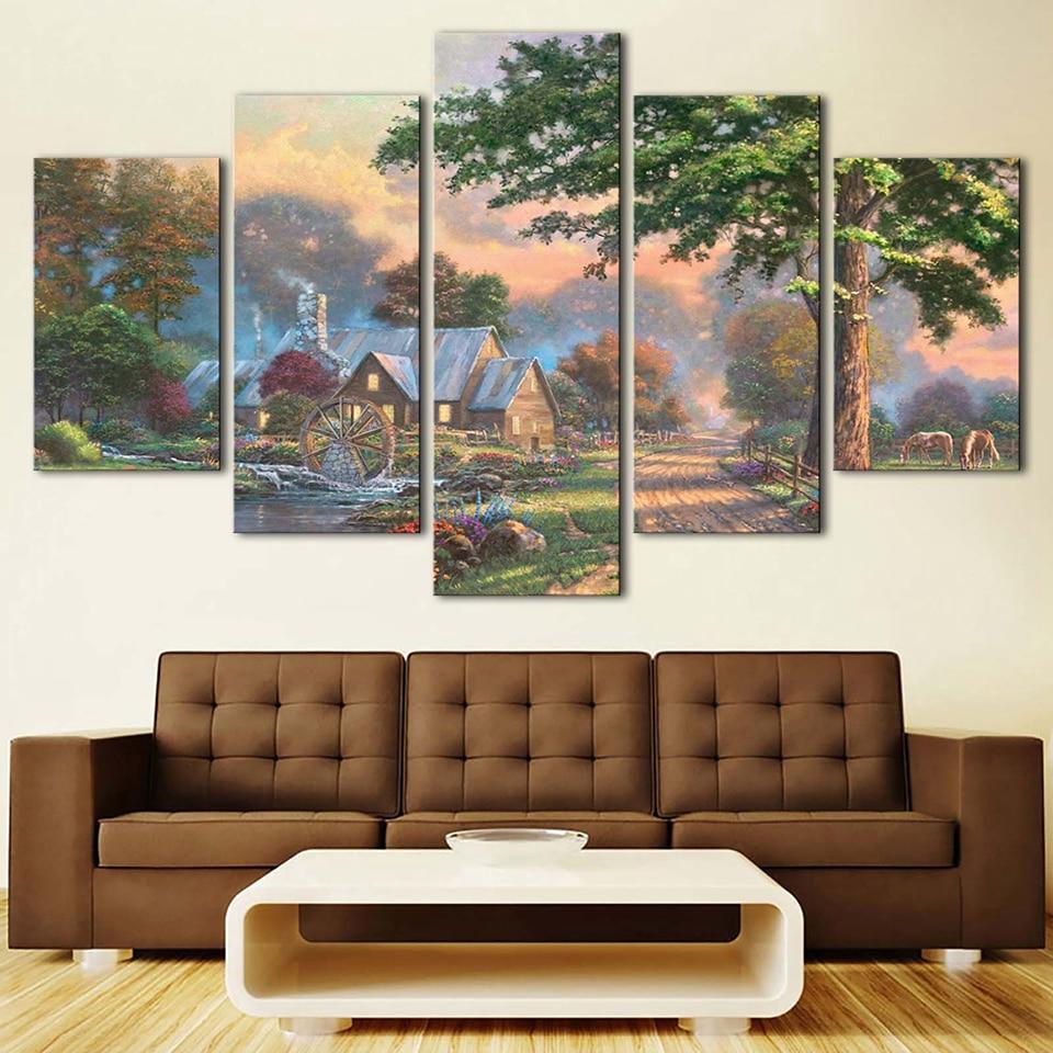 Water Turns Windmills House Trees - Nature 5 Panel Canvas Art Wall Decor Water Turns Windmills House Trees - Nature 5 Panel Canvas Art Wall Decor
