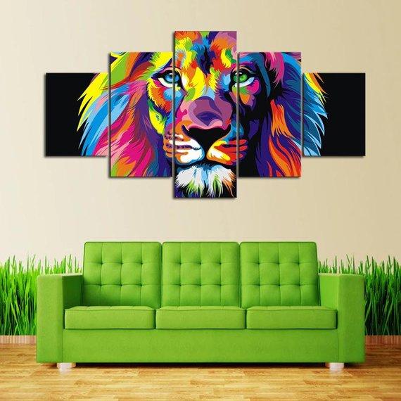 Watercolor Lion - Animal 5 Panel Canvas Art Wall Decor Watercolor Lion - Animal 5 Panel Canvas Art Wall Decor