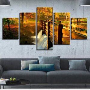 Waterfall Forest Bridge - Nature 5 Panel Canvas Art Wall Decor