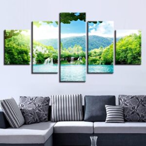 Waterfall Green Mountain Green - Nature 5 Panel Canvas Art Wall Decor