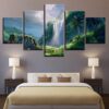 Waterfall Green Tree - Nature 5 Panel Canvas Art Wall Decor