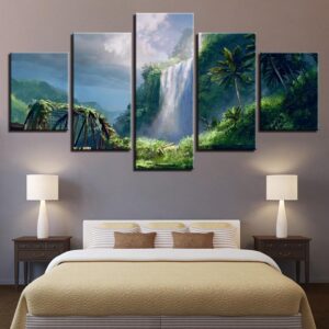 Waterfall Green Tree - Nature 5 Panel Canvas Art Wall Decor