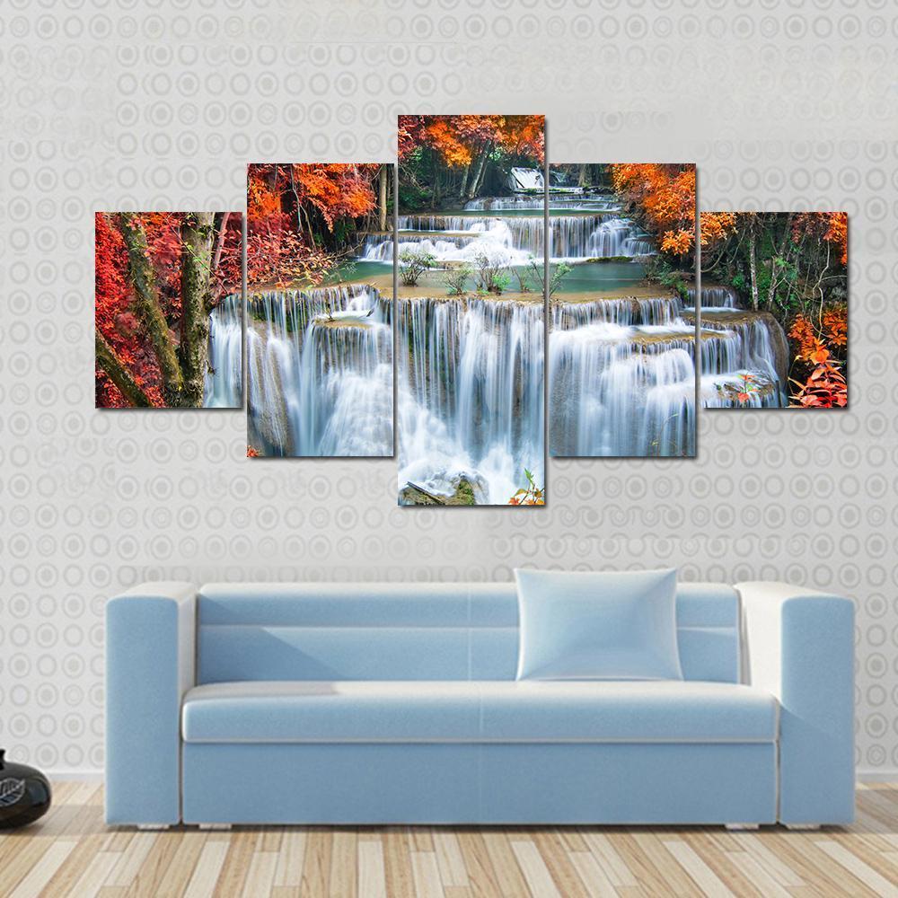 Waterfall In Autumn Forest - Nature 5 Panel Canvas Art Wall Decor Waterfall In Autumn Forest - Nature 5 Panel Canvas Art Wall Decor
