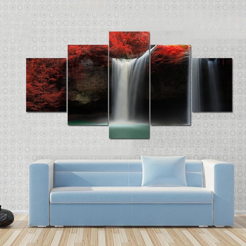 Waterfall With Red Trees - Nature 5 Panel Canvas Art Wall Decor Waterfall With Red Trees - Nature 5 Panel Canvas Art Wall Decor