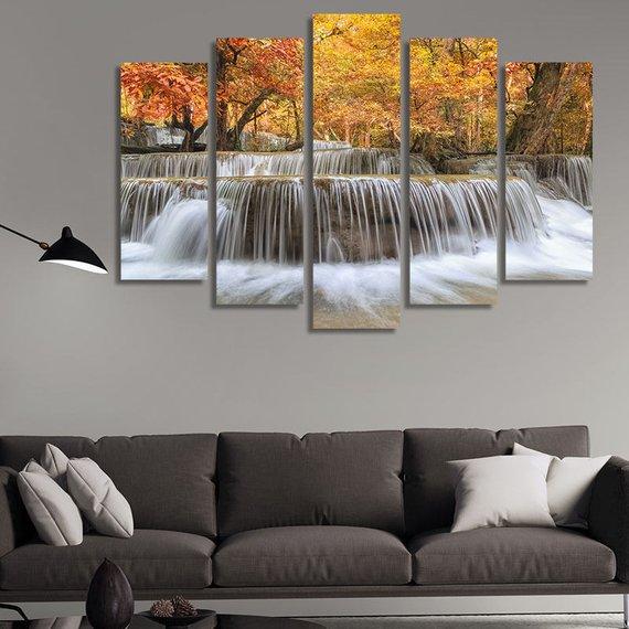 Waterfalls And Red Leaves - Nature 5 Panel Canvas Art Wall Decor Waterfalls And Red Leaves - Nature 5 Panel Canvas Art Wall Decor
