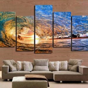 Wave Break At Sunset - Nature 5 Panel Canvas Art Wall Decor