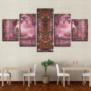 White Dove And Flower - Nature 5 Panel Canvas Art Wall Decor