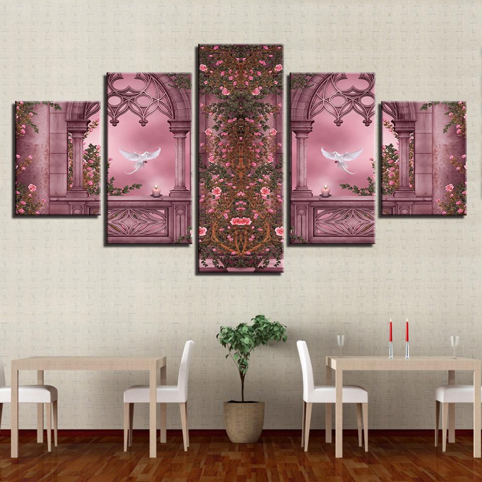 White Dove And Flower - Nature 5 Panel Canvas Art Wall Decor White Dove And Flower - Nature 5 Panel Canvas Art Wall Decor