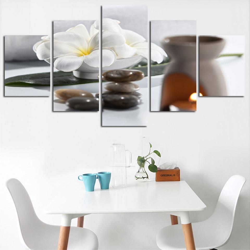 White Flowers And Stone - Nature 5 Panel Canvas Art Wall Decor White Flowers And Stone - Nature 5 Panel Canvas Art Wall Decor