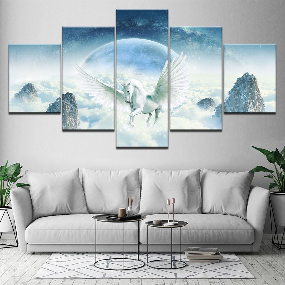 White Horse And Wings Wonderland Scenery - Abstract Animal 5 Panel Canvas Art Wall Decor White Horse And Wings Wonderland Scenery - Abstract Animal 5 Panel Canvas Art Wall Decor