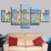White Horse In The Water Running - Animal 5 Panel Canvas Art Wall Decor