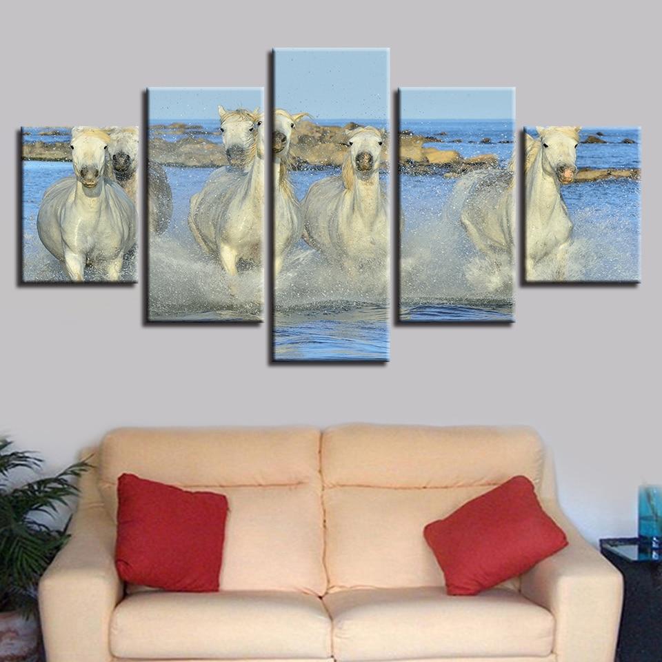White Horse In The Water Running - Animal 5 Panel Canvas Art Wall Decor White Horse In The Water Running - Animal 5 Panel Canvas Art Wall Decor