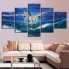 White Horse Wings Running - Animal 5 Panel Canvas Art Wall Decor