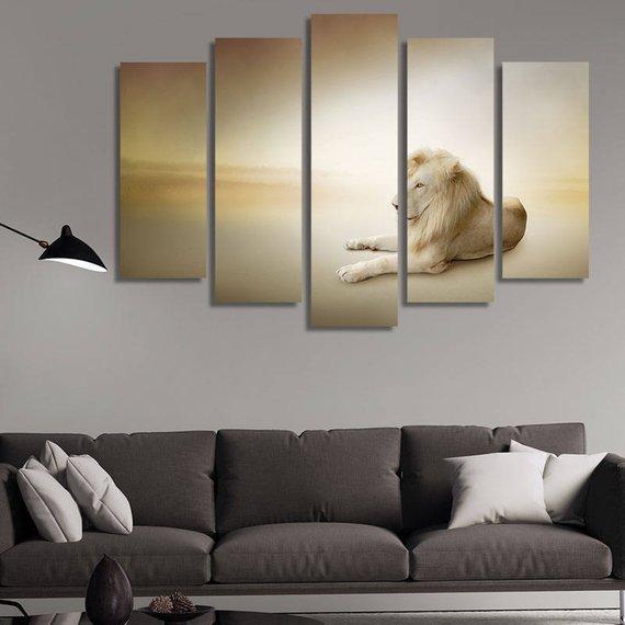 White Lion Lying 01 - Animal 5 Panel Canvas Art Wall Decor White Lion Lying 01 - Animal 5 Panel Canvas Art Wall Decor