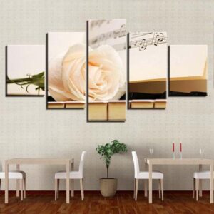 White Rose On Piano - Music 5 Panel Canvas Art Wall Decor