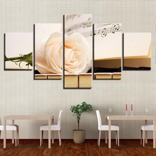 White Rose On Piano - Music 5 Panel Canvas Art Wall Decor White Rose On Piano - Music 5 Panel Canvas Art Wall Decor