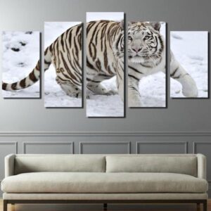 White Tiger Snow - Animal 5 Panel Canvas Art Wall Decor