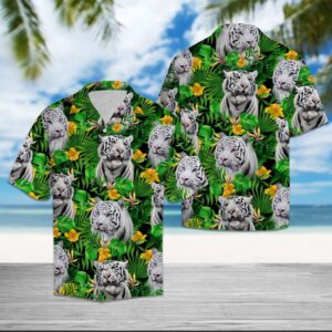 White Tiger Tropical Wild Flower Hawaiian Shirt Summer Button Up