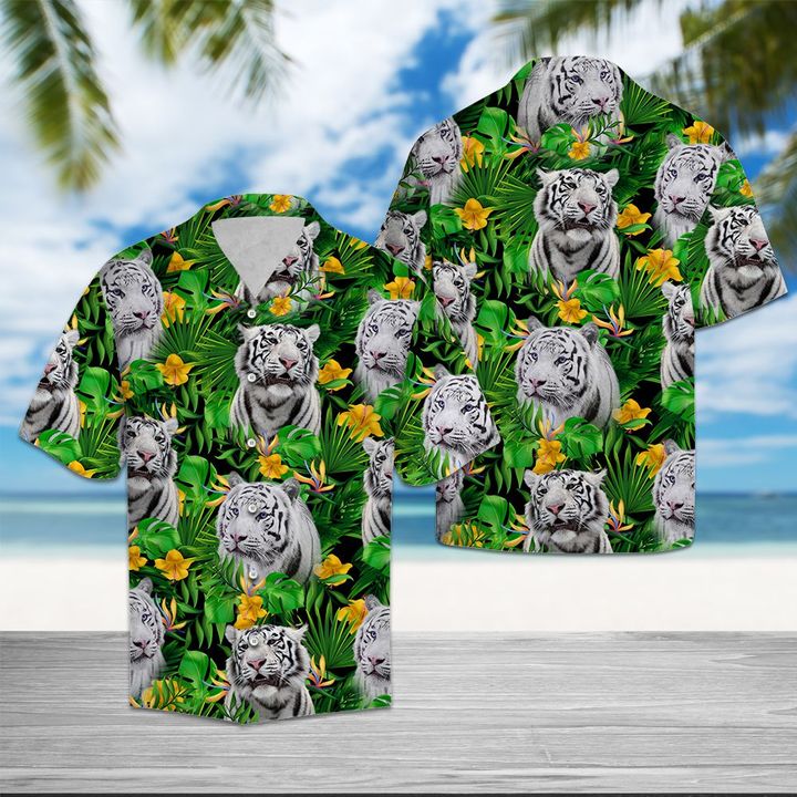White Tiger Tropical Wild Flower Hawaiian Shirt Summer Button Up White Tiger Tropical Wild Flower Hawaiian Shirt Summer Button Up