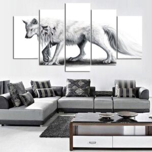 White Wol 2 - Animal 5 Panel Canvas Art Wall Decor