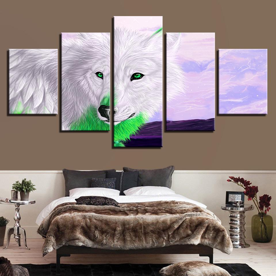 White Wolf Green Eyes - Animal 5 Panel Canvas Art Wall Decor White Wolf Green Eyes - Animal 5 Panel Canvas Art Wall Decor