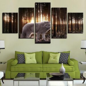 White Wolf In The Forest Sunshine - Animal 5 Panel Canvas Art Wall Decor