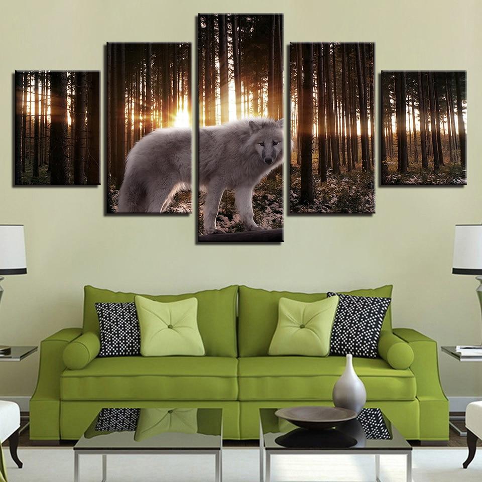 White Wolf In The Forest Sunshine - Animal 5 Panel Canvas Art Wall Decor White Wolf In The Forest Sunshine - Animal 5 Panel Canvas Art Wall Decor