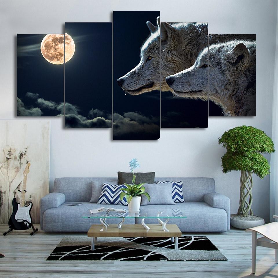 White Wolf Moon Night - Animal 5 Panel Canvas Art Wall Decor White Wolf Moon Night - Animal 5 Panel Canvas Art Wall Decor
