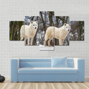 White Wolves Couple In Snow - Animal 5 Panel Canvas Art Wall Decor
