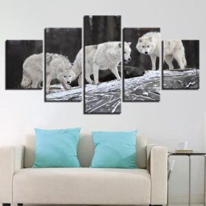 White Wolves In The Forest - Animal 5 Panel Canvas Art Wall Decor
