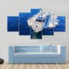 White Yacht In Ocean - Nature 5 Panel Canvas Art Wall Decor