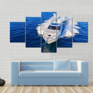 White Yacht In Ocean - Nature 5 Panel Canvas Art Wall Decor