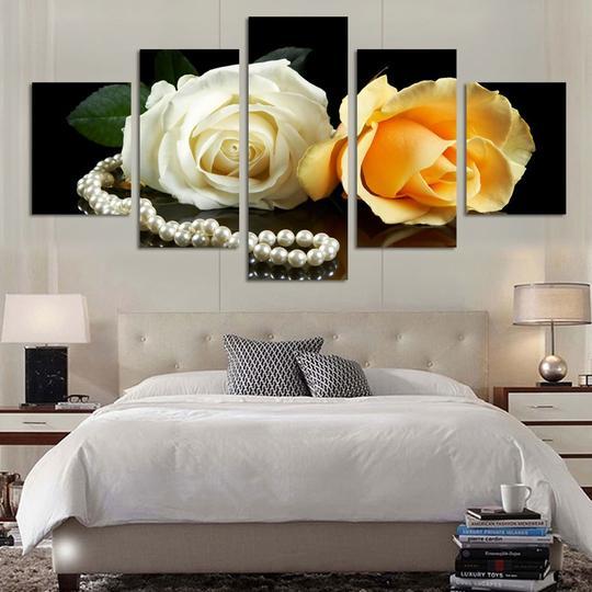 White Yellow Rose And Pearls - Nature 5 Panel Canvas Art Wall Decor White Yellow Rose And Pearls - Nature 5 Panel Canvas Art Wall Decor