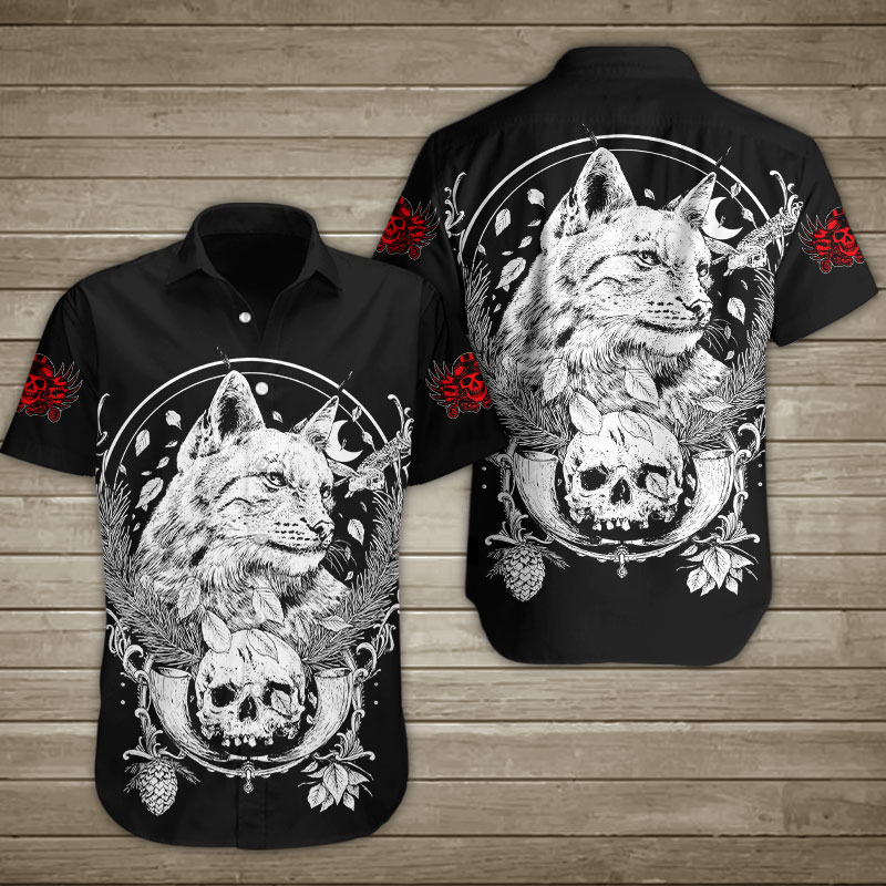 Wild Cat With Human Skull Hawaiian Shirt Summer Button Up Wild Cat With Human Skull Hawaiian Shirt Summer Button Up