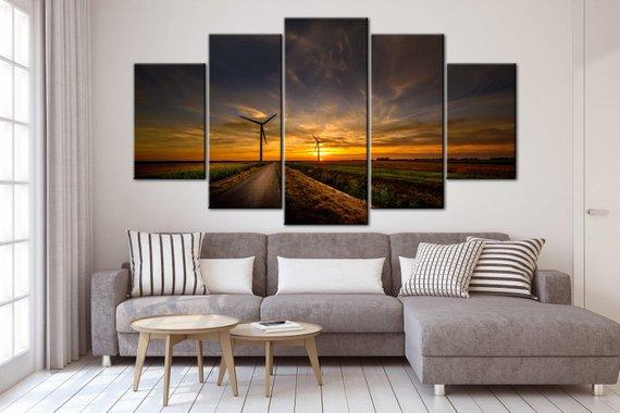Wind Turbine Sunset Landscape - Nature 5 Panel Canvas Art Wall Decor Wind Turbine Sunset Landscape - Nature 5 Panel Canvas Art Wall Decor