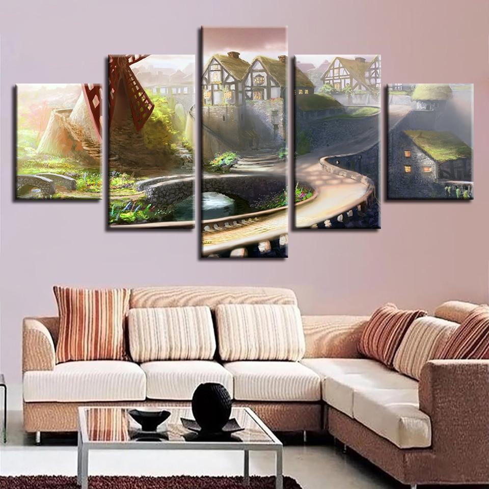 Windmill Bridge Path House - Nature 5 Panel Canvas Art Wall Decor Windmill Bridge Path House - Nature 5 Panel Canvas Art Wall Decor