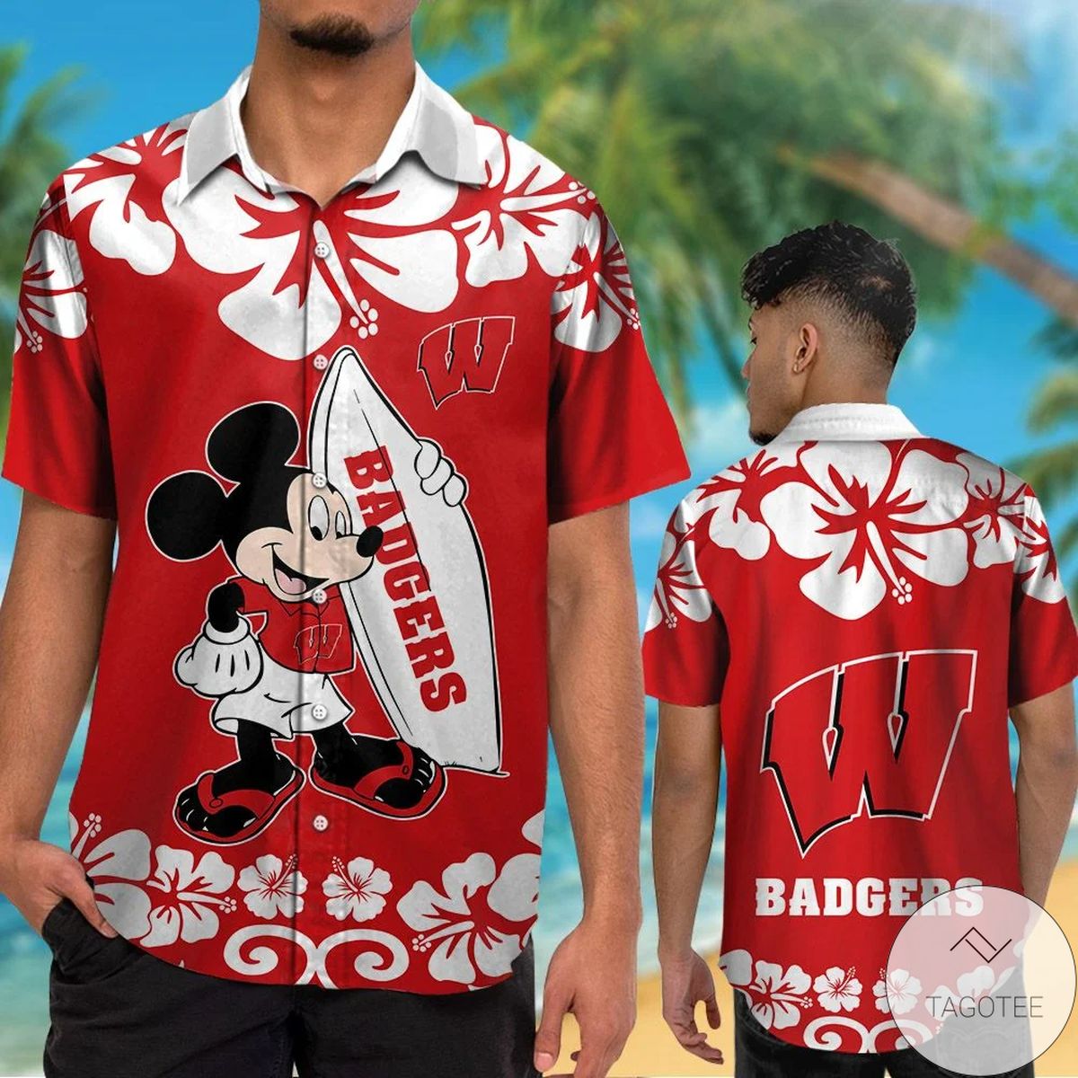 Wisconsin Badgers & Mickey Mouse Hawaiian Shirt Wisconsin Badgers & Mickey Mouse Hawaiian Shirt