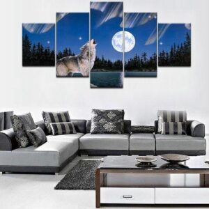 Wolf Howl On The Moon - Animal 5 Panel Canvas Art Wall Decor