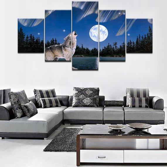 Wolf Howl On The Moon - Animal 5 Panel Canvas Art Wall Decor Wolf Howl On The Moon - Animal 5 Panel Canvas Art Wall Decor
