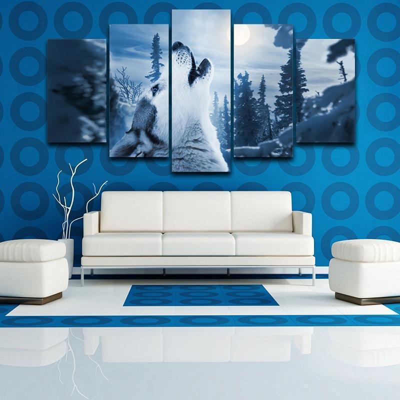 Wolf Howling At The Moon - Animal 5 Panel Canvas Art Wall Decor Wolf Howling At The Moon - Animal 5 Panel Canvas Art Wall Decor