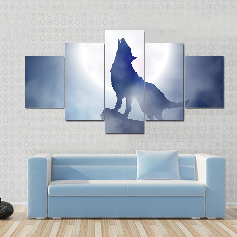 Wolf Howling On Moon Night - Animal 5 Panel Canvas Art Wall Decor Wolf Howling On Moon Night - Animal 5 Panel Canvas Art Wall Decor